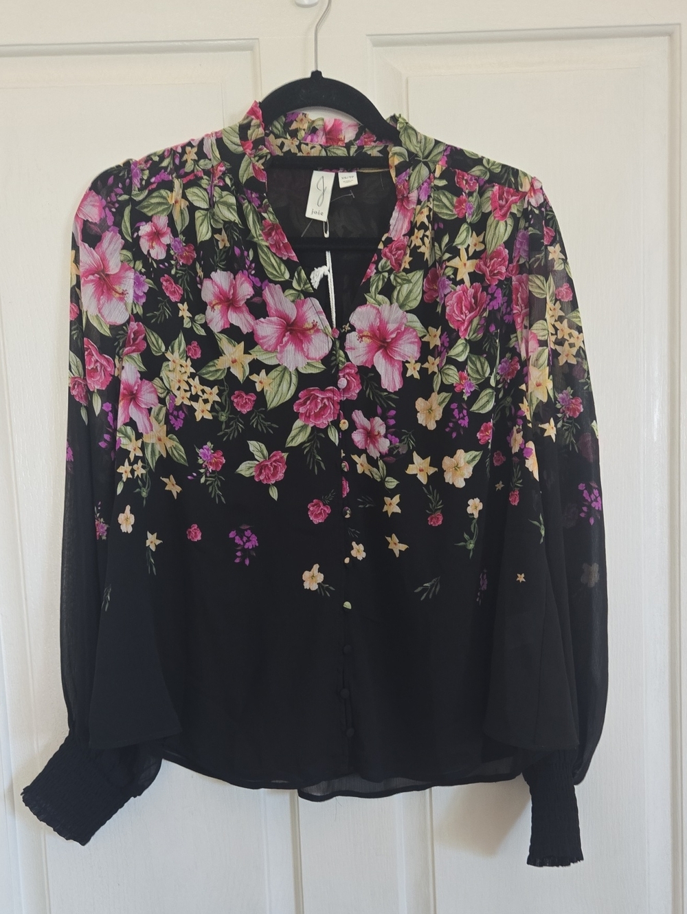Joie Black Floral Split-Neck Blouse with Pink and Cream Blooms